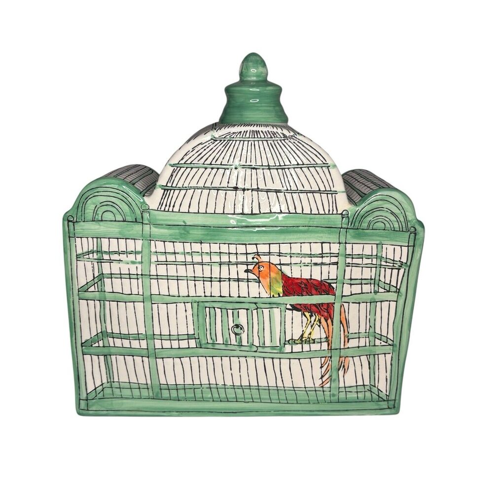 Molly Hatch Trompe-l'Oeil Ceramic Birdhouse Bird Cage Large Birdcage Signed RARE - Picture 3 of 9